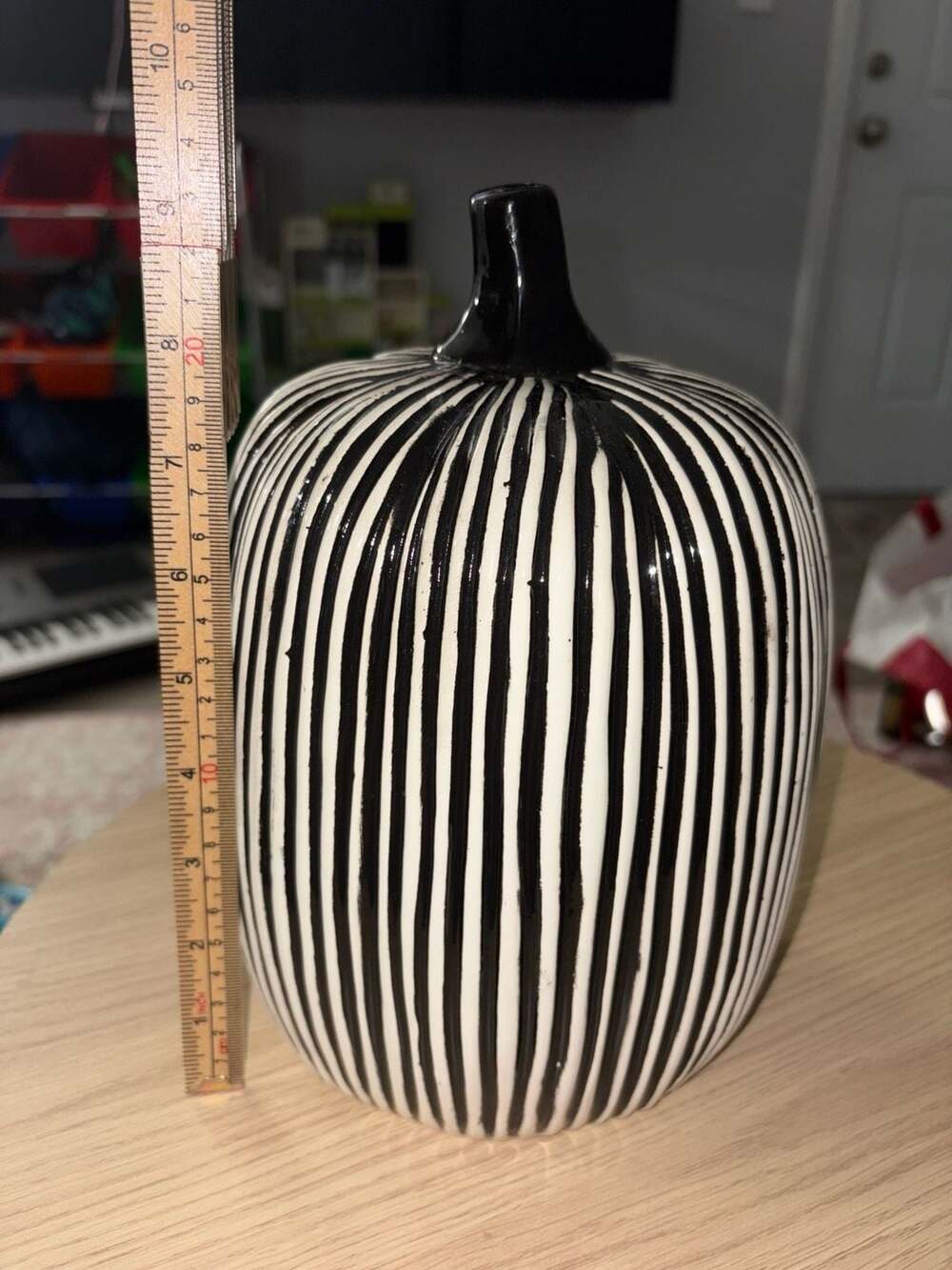 Rare Black And White Adam’s Family Theme Striped Ceramic Pumpkin Decor